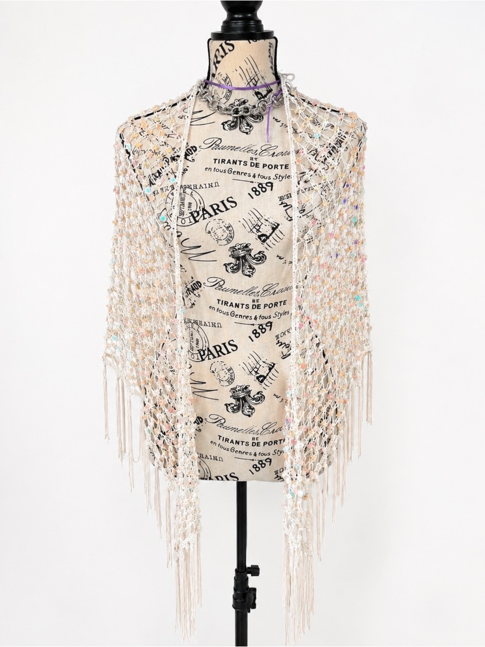 Handmade Ivory Beaded Crochet Shawl with Fringe